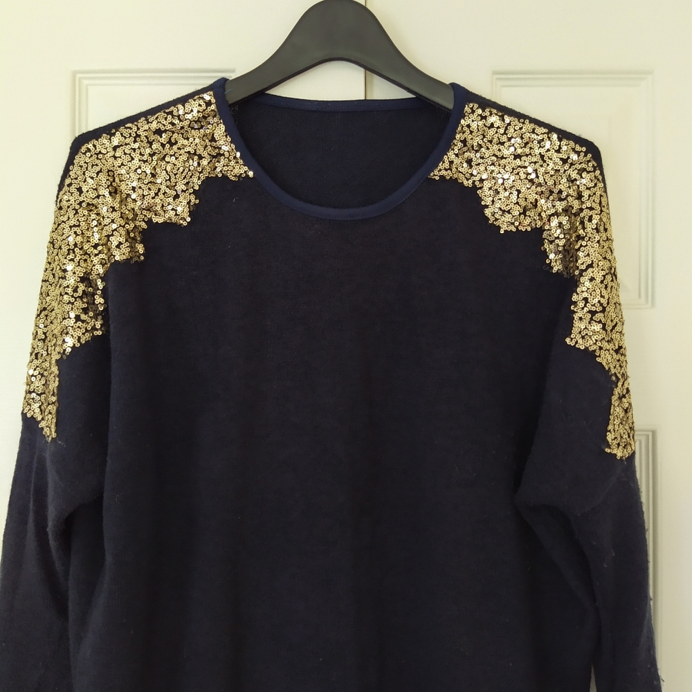 Navy Oversized Sequins Shoulder Sweater
